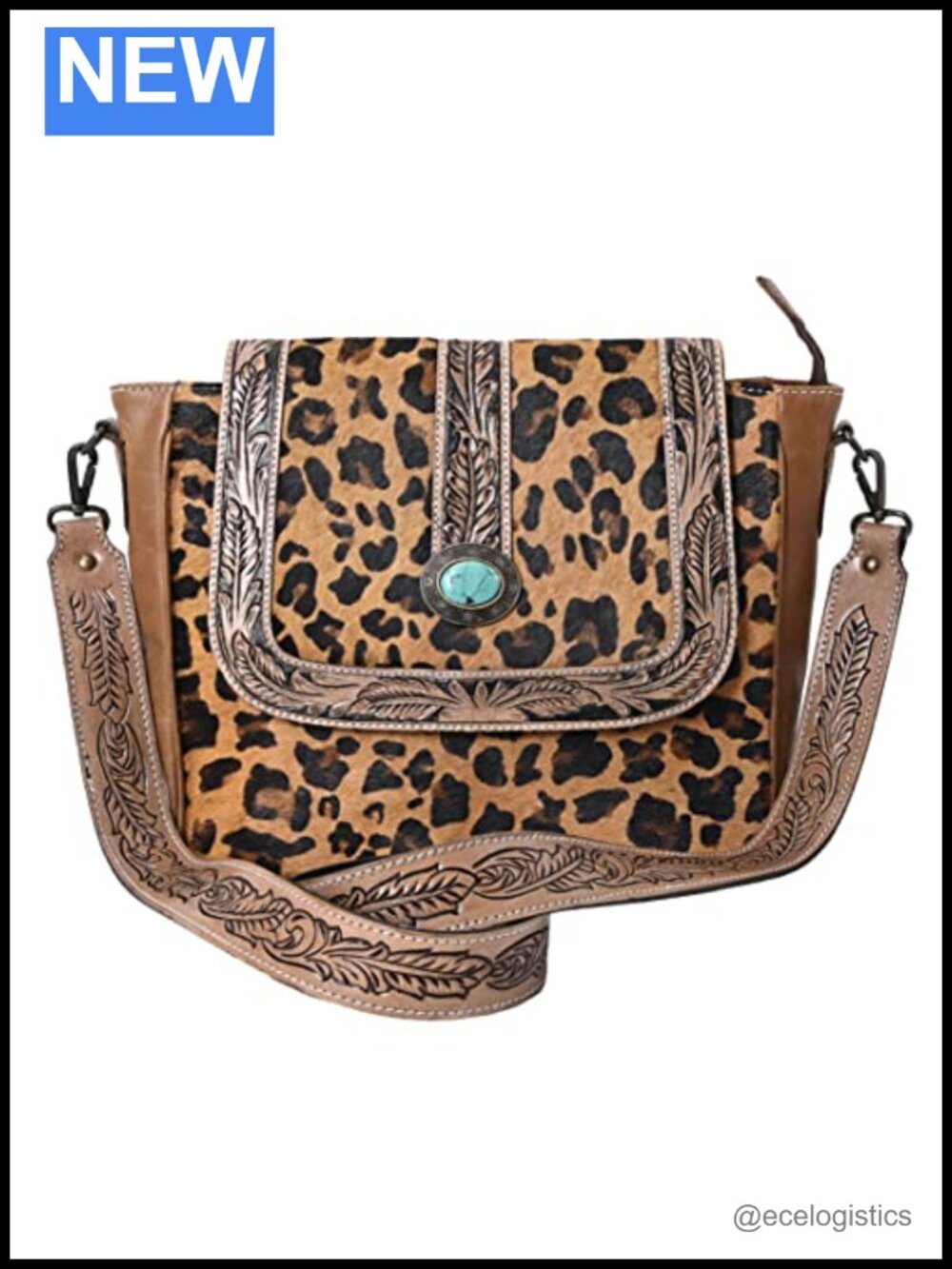 Genuine Cowhide Leather Handtooled Floral Crossbody Bag Adjustable Shoulder